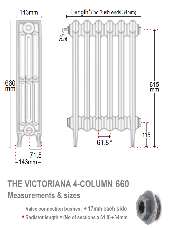 Victoriana 4 660 Cast Iron Radiator - 18 Section, 660H x1146mm